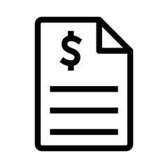 Vector icon of an invoice document with a dollar sign, representing billing, payment, and financial records. Simple black and white design. Editable stroke.