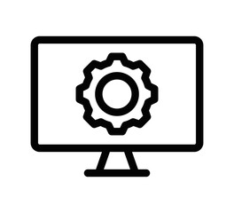 Vector icon of a computer monitor displaying a gear, representing settings and configuration. Simple black and white design. Editable stroke.