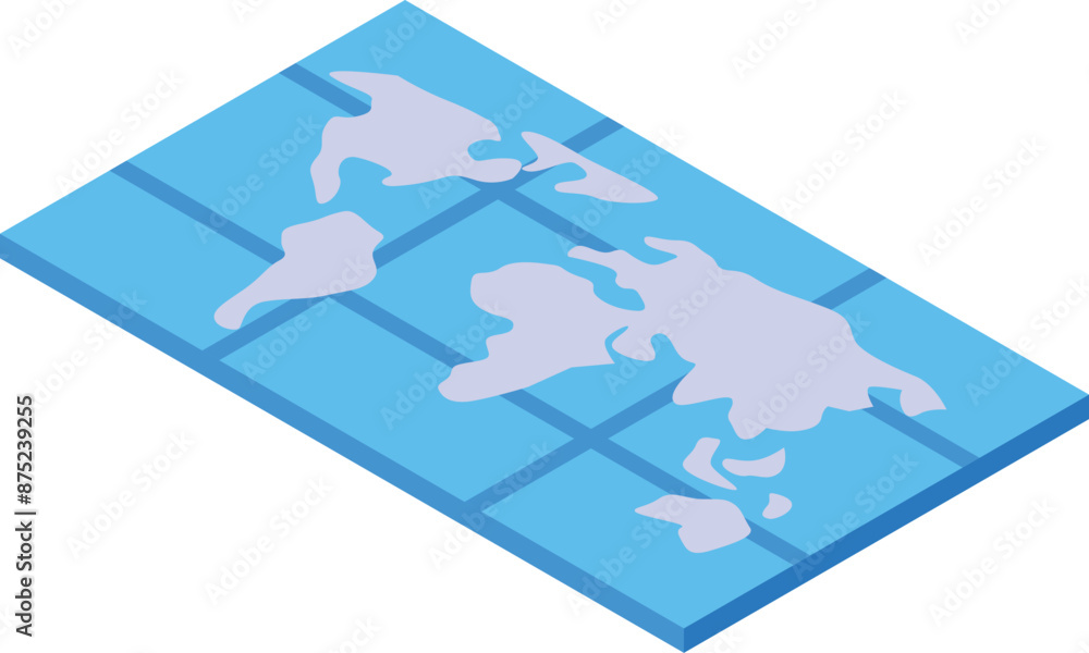Poster world map spreading on a surface creating a global grid, isometric view