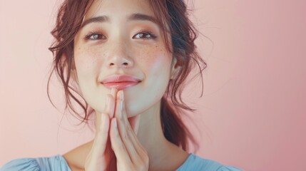 Fototapeta premium Close-up of a cute Korean woman looking happy, hands clasped together, wearing a blue top, standing in front of a light pink background, Portrait close-up, hyper-realistic, high detail,