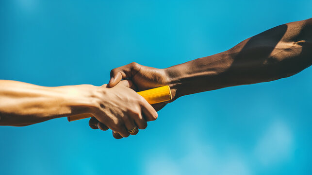 Colleagues passing a baton in a relay race, dynamic motion and unified effort, upper third copy space