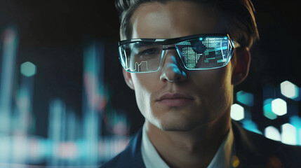 Businessman Analyzing Holographic Data Projection on Smart Glasses, Futuristic Technology Concept