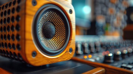 A high-quality close-up of a wooden-enclosed speaker in a sophisticated audio studio setup, illustrating the intricate details of modern sound equipment.