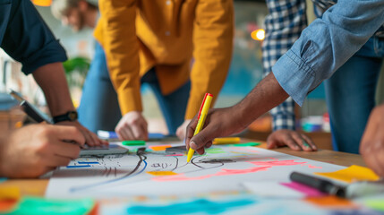 Obraz premium Team members collaborating on a whiteboard with colorful markers, dynamic ideas flowing, upper third copy space