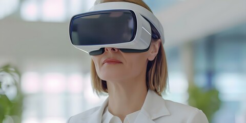 Woman scientist using virtual reality goggles in office with augmented reality holographic data. Concept Virtual Reality Goggles, Woman Scientist, Augmented Reality, Holographic Data, Office Setting
