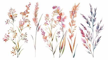 Wild rice and plant clipart, botanical element, watercolor style, soft hues, isolated on white background
