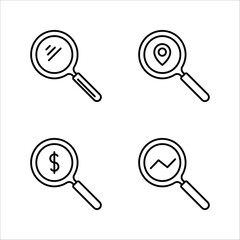Magnifying glass icon set, magnifier or loupe sign, Search icon, on a white background.