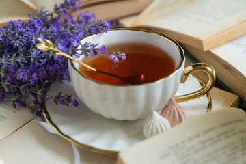 Beautiful lavender cake, wedding decor in lavender field