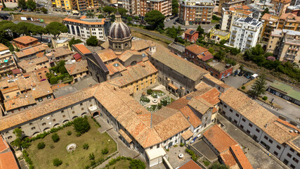 Aerial view of the Santa Rosa monastery in Viterbo, Lazio, Italy. The church has an external...