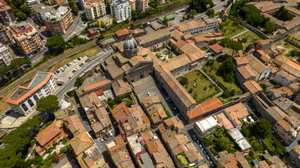 Aerial view of the Santa Rosa monastery in Viterbo, Lazio, Italy. The church has an external...