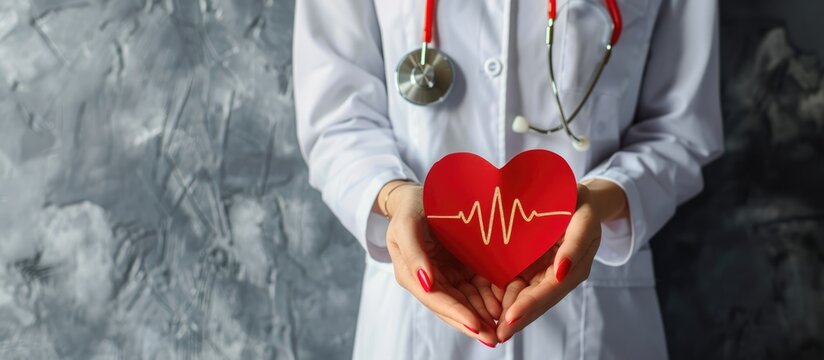 Organ Donation. Female doctor with stethoscope holding red heart with cardiogram.