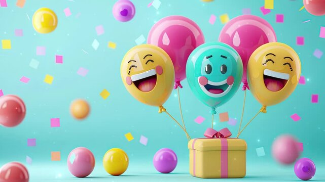 World Emoji Day Concept. Colorful balloons with a happy emoji face smiley. Emoji Celebration. World smile day emojis. World mental health day. World Laughter Day. Joyful mood. Copy space. 4K Videos