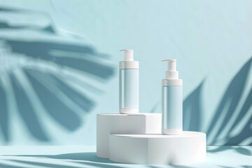 White beauty product bottles and jars on top of a blue circular podium, with a light blue background.