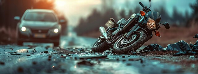 Traffic Collision Scene - Damaged Motorcycle, Severe Accident, Crash Site Debris, Road Safety Awareness