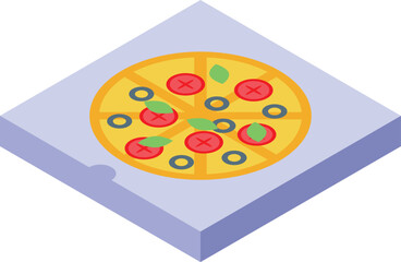 Tasty pizza with tomatoes, olives and basil is lying in a cardboard box
