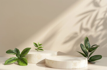 wood podium mockup for product display with green leaves and plants