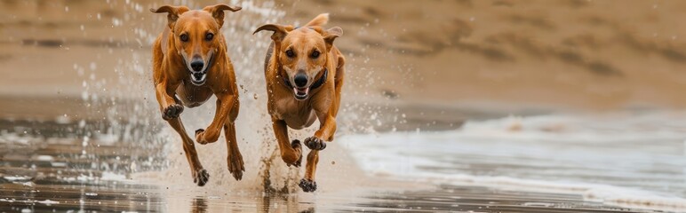 Two Dogs Running Joyfully Along Beach Shoreline
