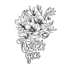 Floral design,  thank you card. Botanical illustration Hand drawn