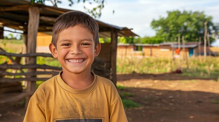 A young boy smiles in front of a simple home during World Habitat Week