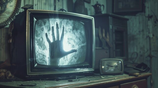 Ghost hand on vintage TV screen in haunted house, abandoned house, horror
