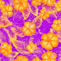 Purple Background with Scattered Orange Hibiscus Flowers