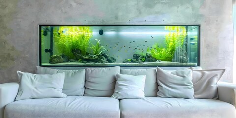 Elegant Living Room Featuring a Large, Well-Maintained Aquarium and Tropical Fish. Concept Elegant Living Room, Large Aquarium, Tropical Fish, Home Decor