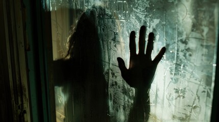 Scary shadow of woman behind glass in black dress. Horror style.
