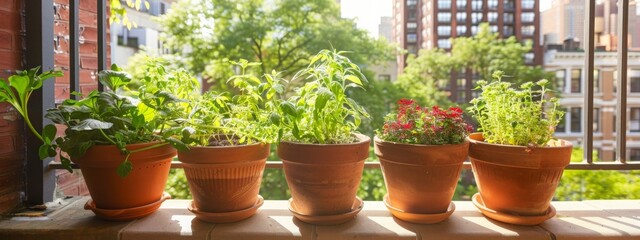 Lush Balcony Garden in Urban Cityscape - Sustainable Living, Compact Space Cultivation, Plants and Vegetables