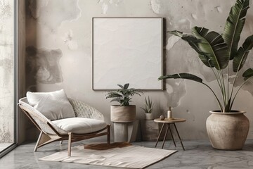 interior design Blank poster frame on the wall with furniture in the living room at the background of the house.