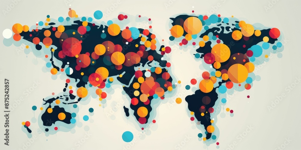 Poster stylized world map composed of multicolored circles on a white background with a modern artistic tou