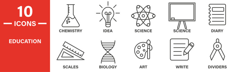 Education icon set. includes chemistry, idea, science, science, diary, scales, biology, art, write, dividers, and more icons. outlined icon collection. vector illustration.