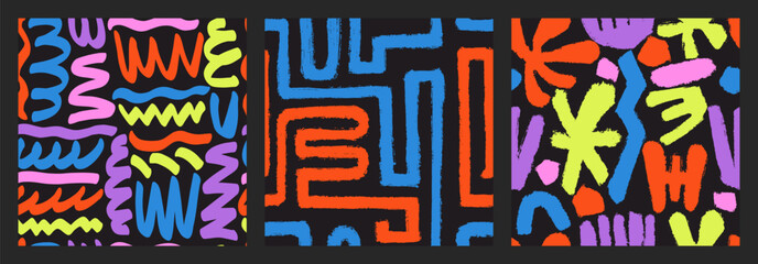 Naive playful seamless pattern pack with squiggle, daisies and doodles. Matisse pattern. Messy graffiti print in bright childish colors. Swiss contemporary design with hand drawn textured.