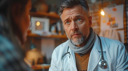 Fototapeta premium Doctor using a stethoscope on a patient in a bright medical room, white lab coat, patient seated on an examination table, warm lighting, medical charts and equipment, focused expression,