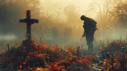 soldier bows head paying respects fallen comrade grave, representing solemnity and sacrifice of war
