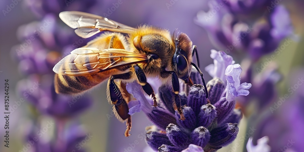 Poster macro image of bee pollinating flower emphasizes significance of pollinators in ecosystems. concept 