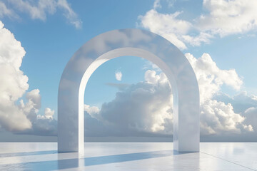 3d render of white arch with clouds on minimalistic background.
