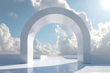 3d render of white arch with clouds on minimalistic background.