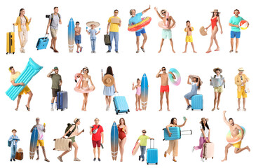 Fototapeta premium Big collage of different travellers on white background
