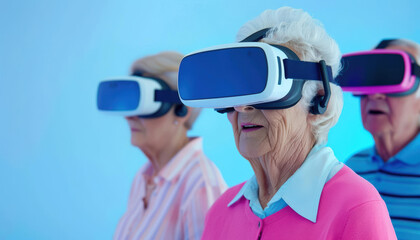 Seniors in a VR tech class, exploring virtual worlds and new technologies, symbolizing the excitement of lifelong learning and the accessibility of advanced knowledge