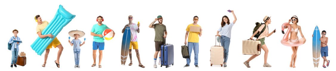 Group of different travellers on white background
