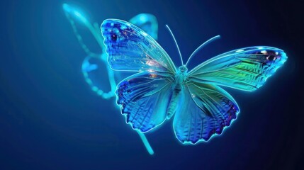 A cyan butterfly with subtle blue and green hues, illuminated by a cyan neon light on a deep blue background.