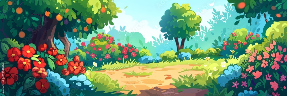 Poster a lush green field with a path leading through it. the path is lined with flowers and trees, and the