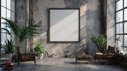 Industrial office room interior with coworking space and window