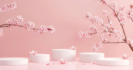 Minimalistic display with pink cherry blossoms and white round podiums.