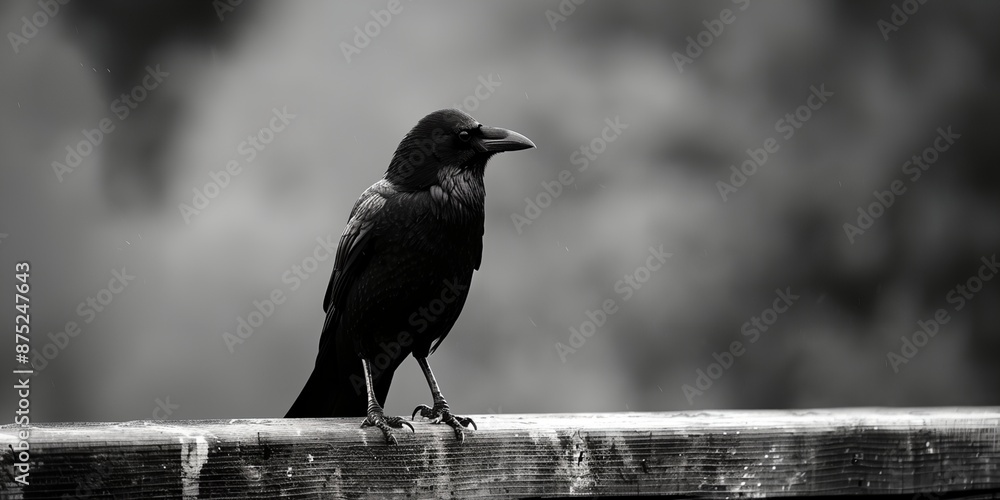 Poster a black bird is perched on a wooden fence. the image has a moody and mysterious feel to it, as the b