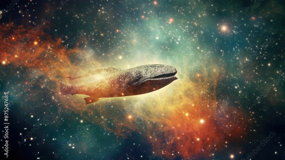 Poster surreal art design of a whale floating in space with a cosmic background and starry sky. digital art