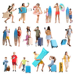 Group of different travellers on white background