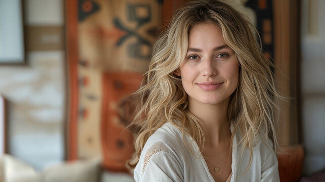 A woman wearing a white blouse poses for the camera. Summer vibes. Beautiful blonde woman.