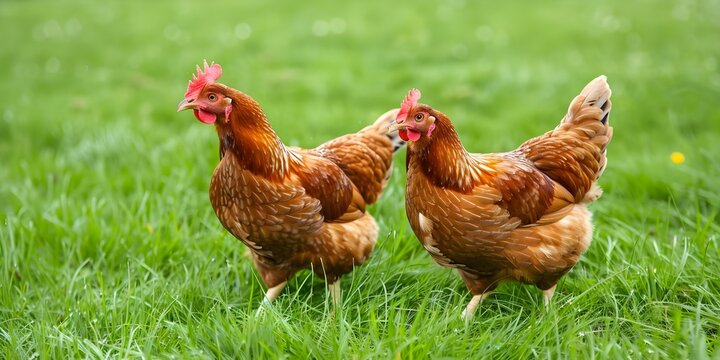 Two brown hens freely foraging in green grass on a free-range chicken farm. Concept Free-Range Hens, Farm Life, Chicken Farm, Green Grass, Animal Photography