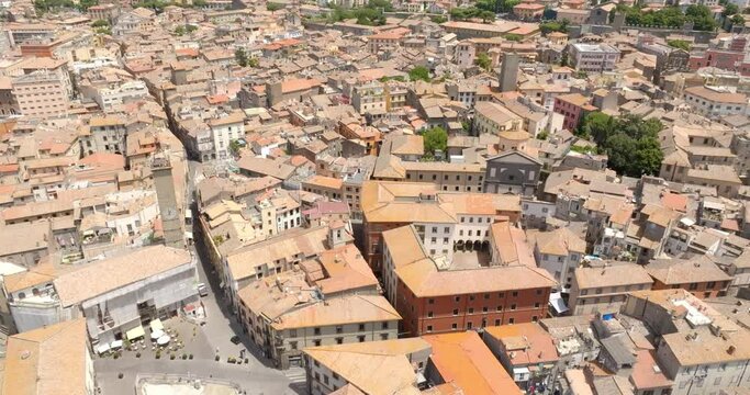 Aerial view of the Civic Tower in Piazza Plebiscito in Viterbo, Lazio, Italy. It is one of the symbols of the historic center of the city.